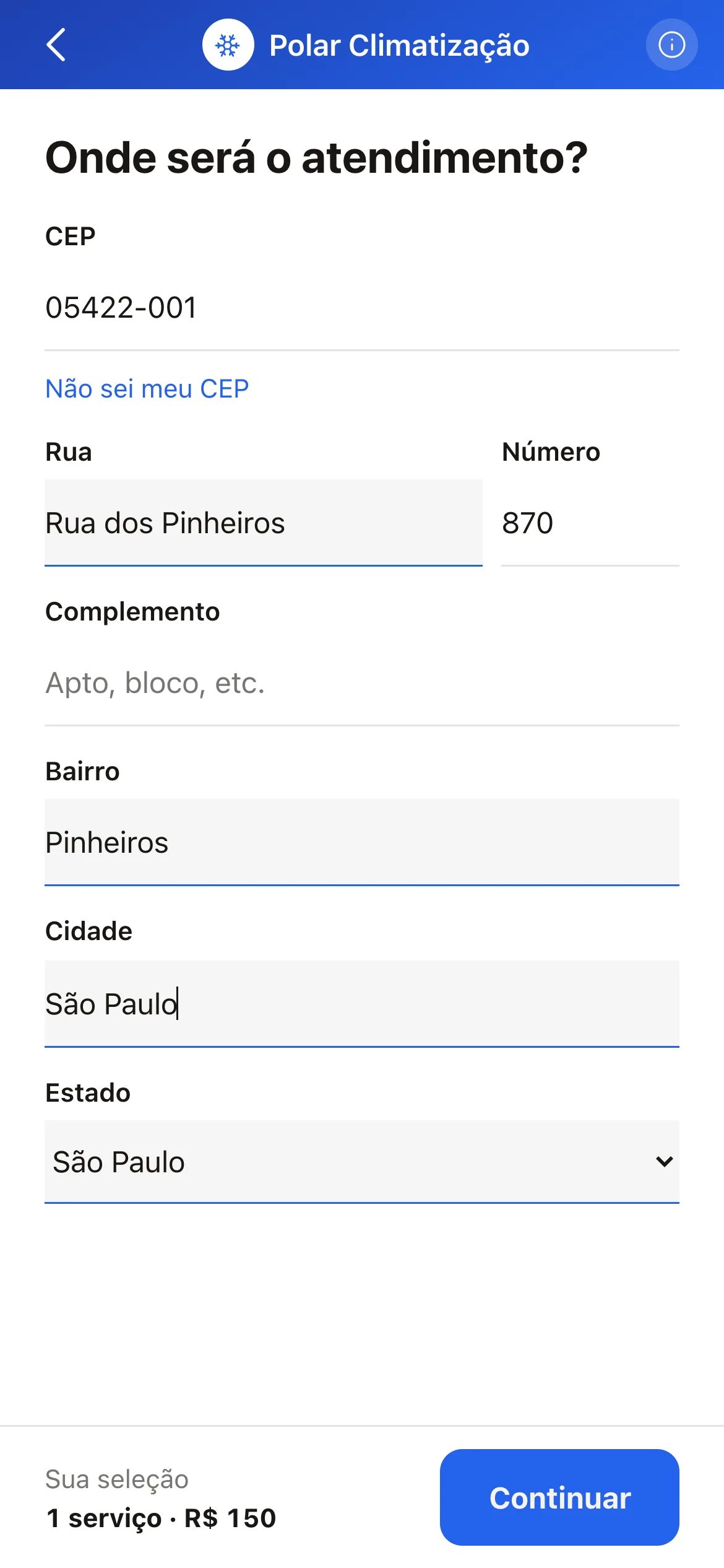 O passo do endereço no link de um técnico de ar-condicionado, com o CEP e a rua preenchidos
