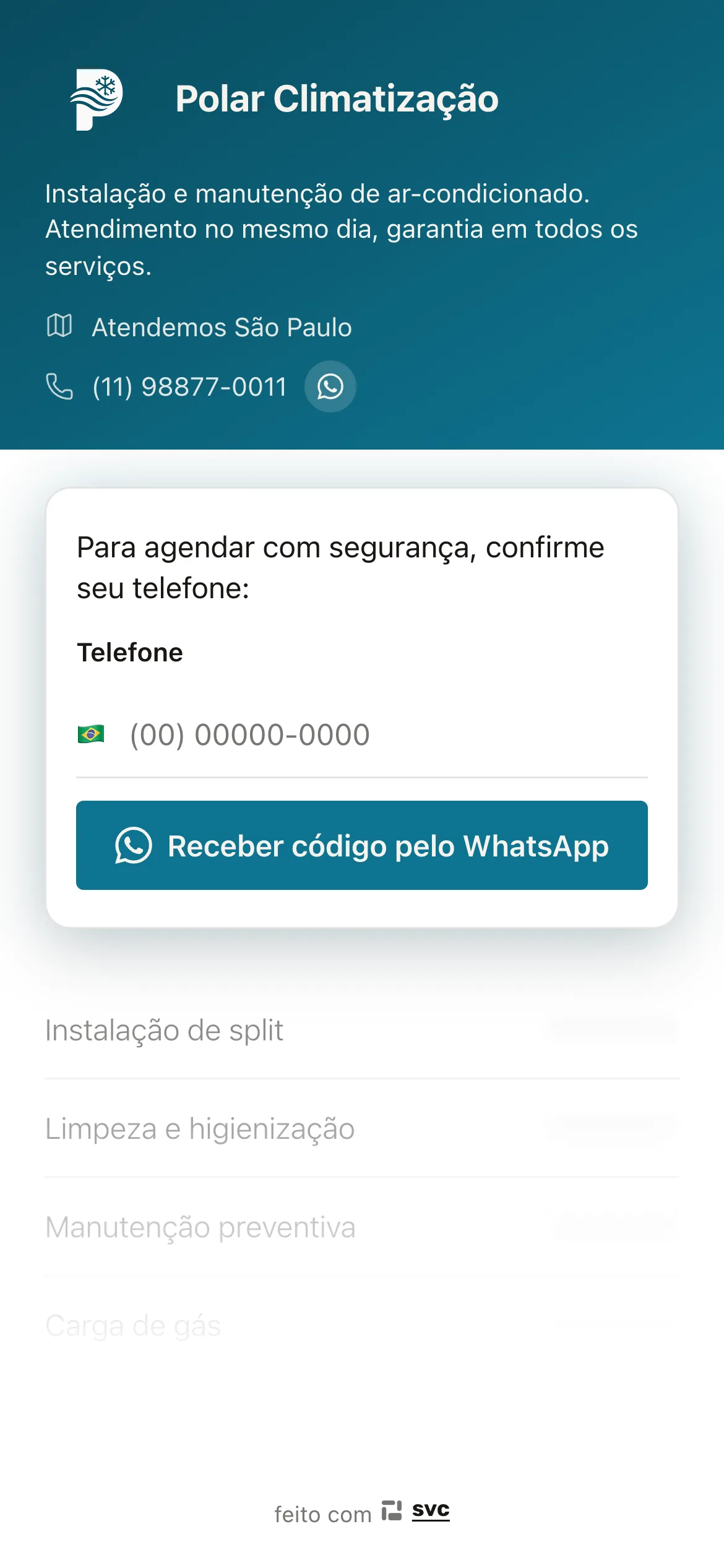O link de um técnico de ar-condicionado no celular, com o logo dele e o cabeçalho e os botões na cor da marca