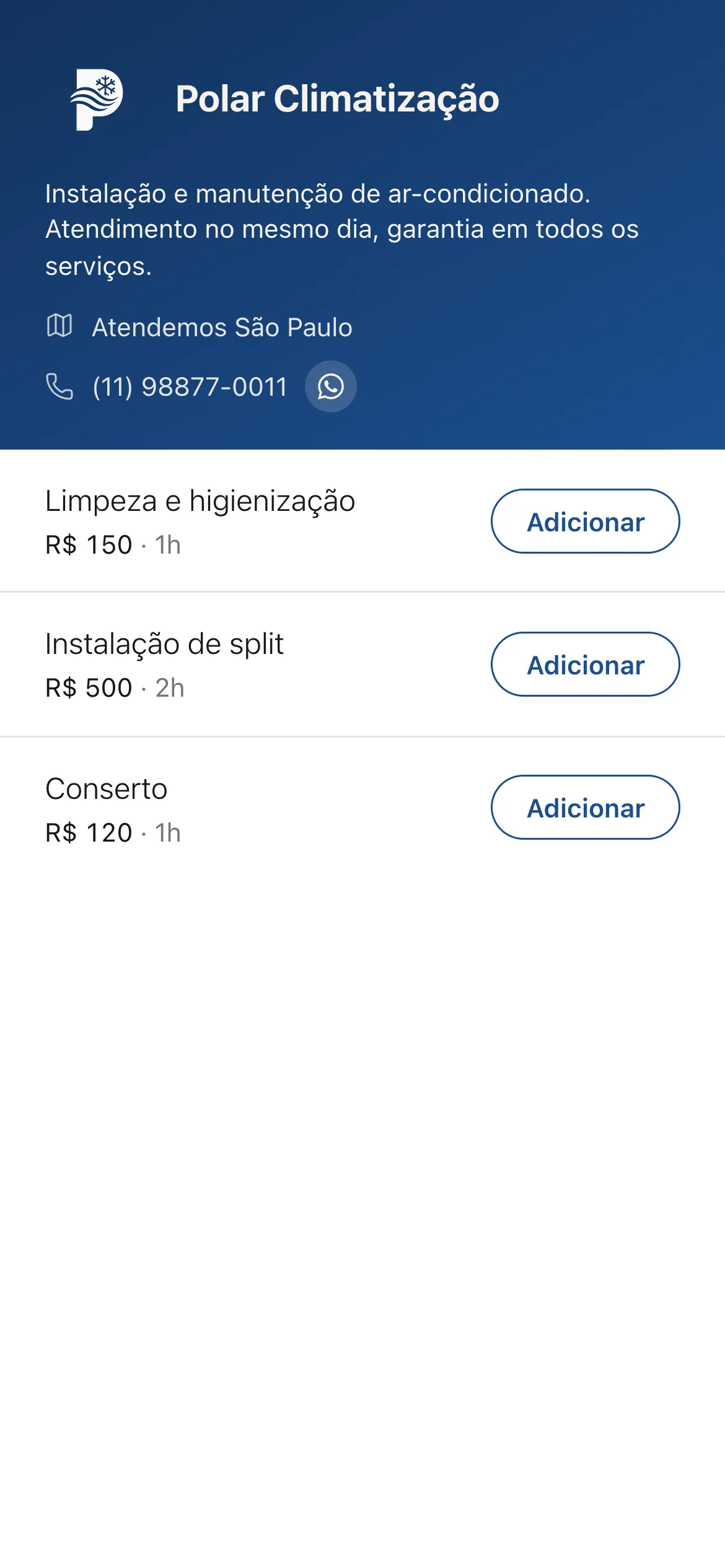 O link de um técnico de ar-condicionado no celular, com o logo dele e o cabeçalho e os botões na cor da marca
