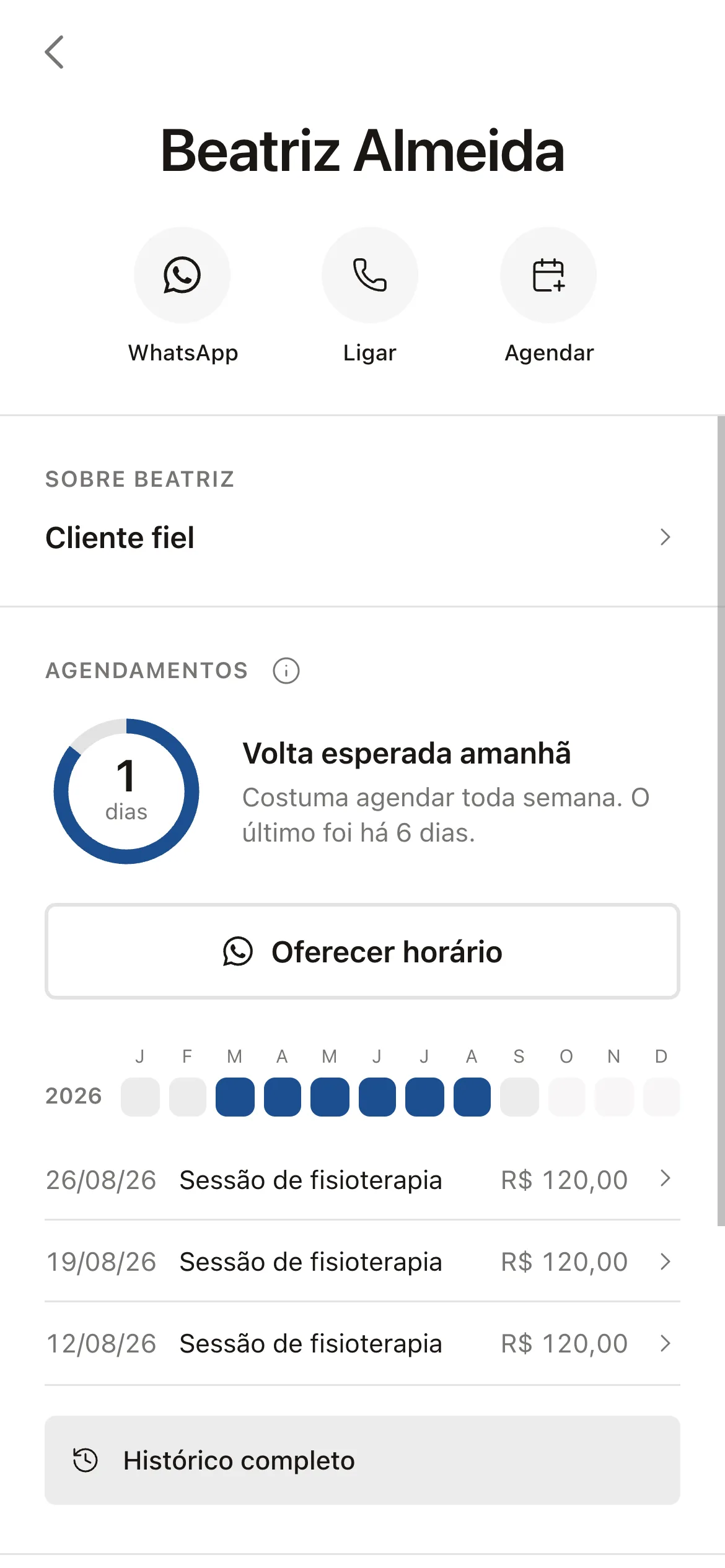 A página de uma paciente no celular, com o histórico por mês e as últimas sessões