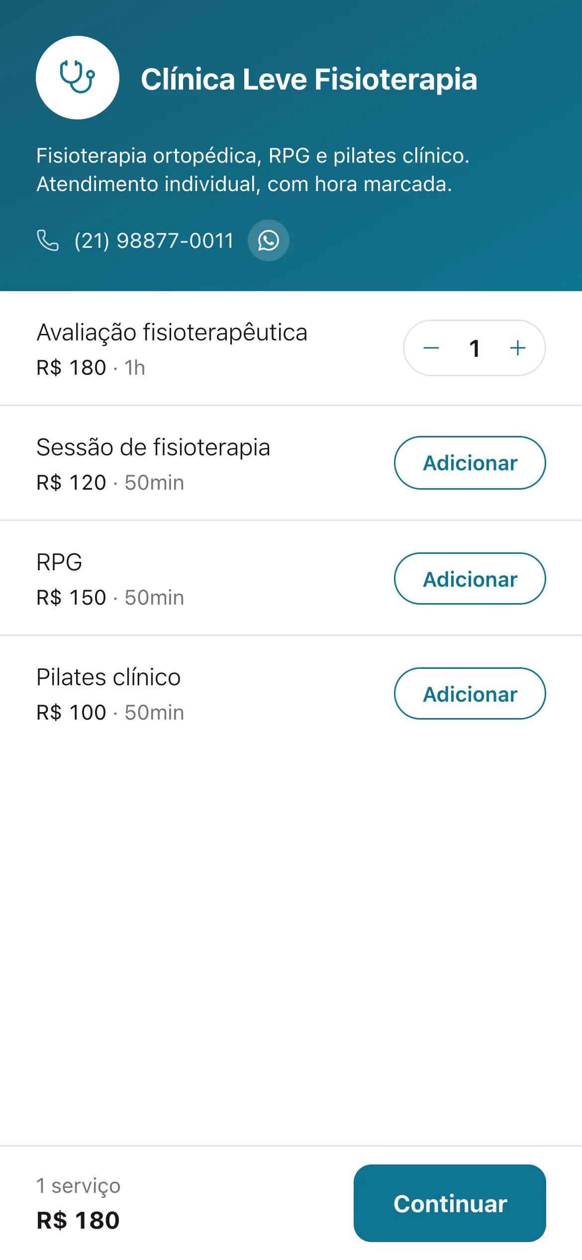 Página de agendamento de uma clínica de fisioterapia no celular, com a lista de serviços