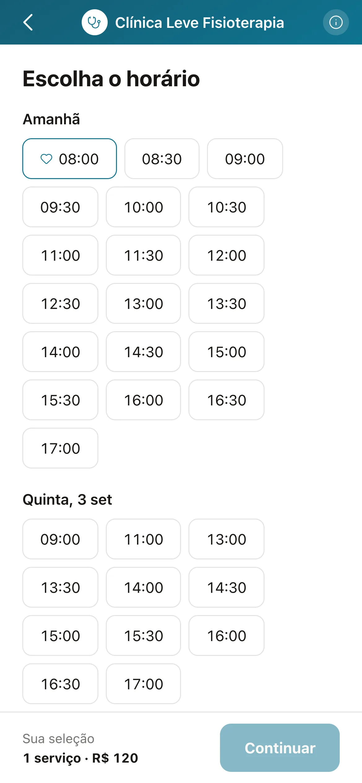 Os horários do link de uma clínica para uma paciente que já voltou, com o horário de sempre marcado por um coração