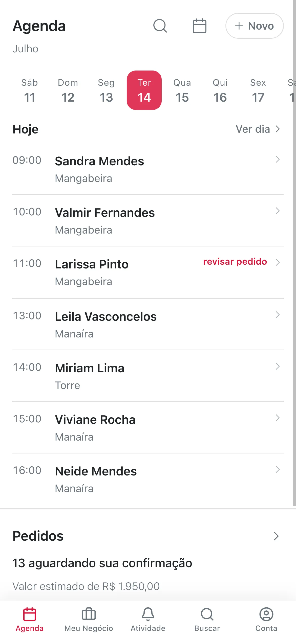 Tela da agenda do SVC em um celular, com os atendimentos do dia