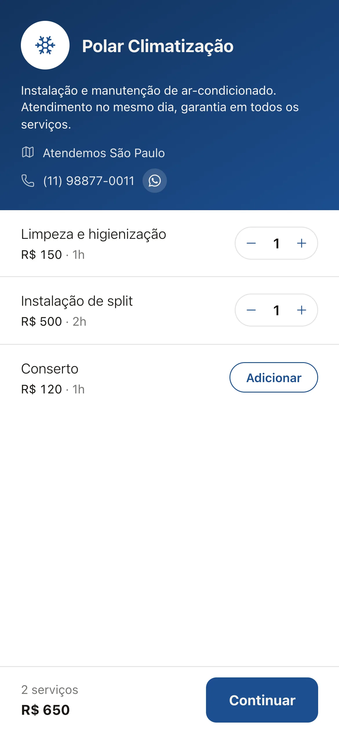 Página de agendamento de um técnico de ar-condicionado no celular, com nome, logo e a lista de serviços