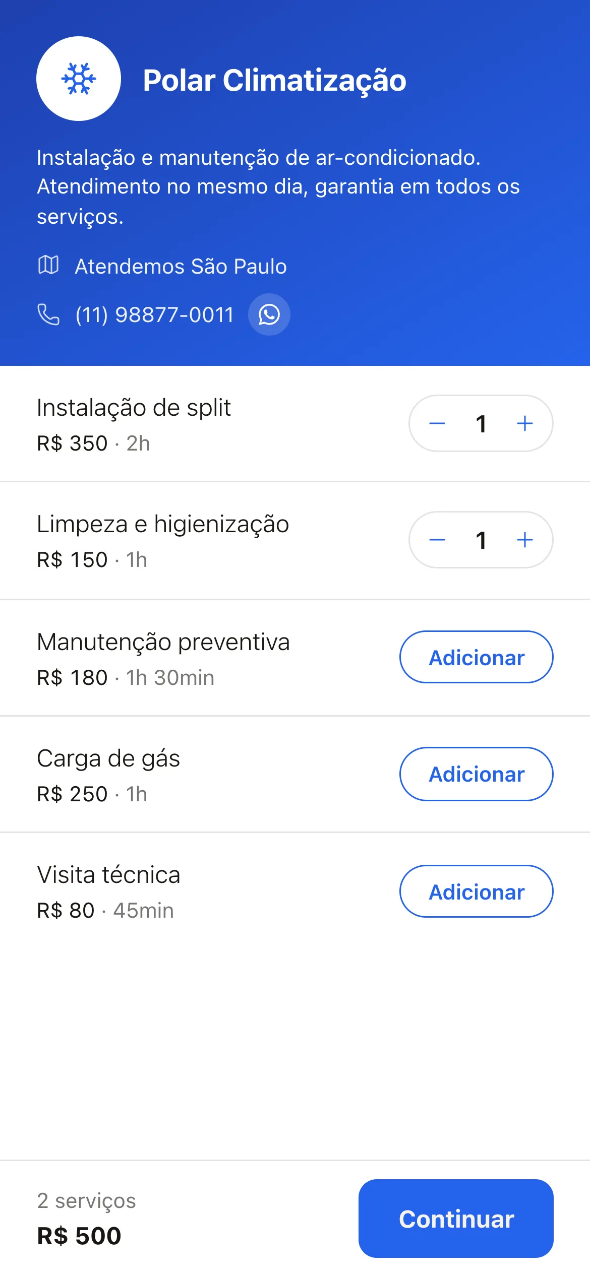 Página de agendamento de um técnico de ar-condicionado no celular, com nome, logo e a lista de serviços