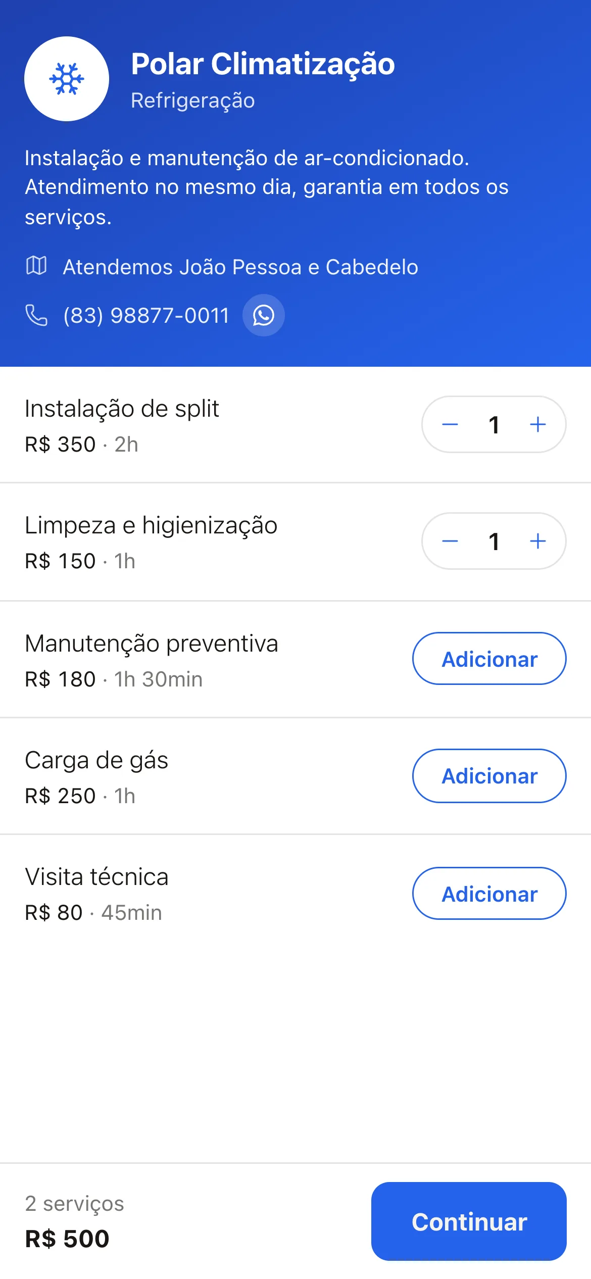 Página de agendamento de um técnico de ar-condicionado no celular, com nome, logo e a lista de serviços