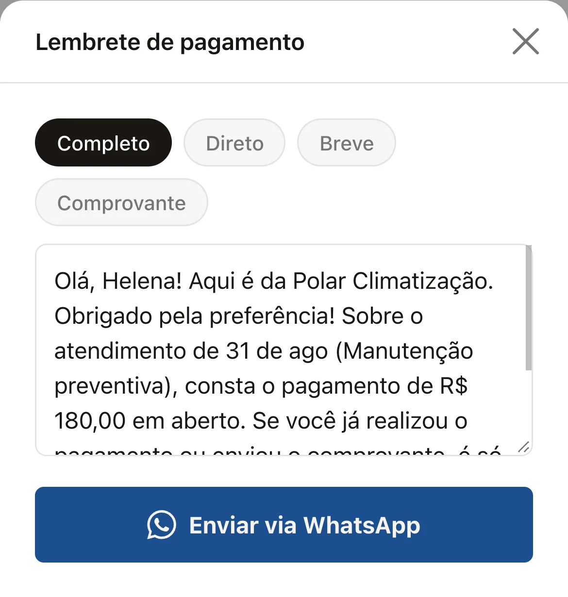 A lista de pagamentos pendentes no celular, com a mensagem de cobrança pronta para enviar