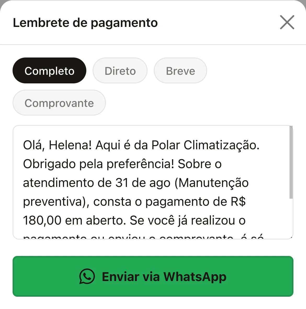 A lista de pagamentos pendentes no celular, com a mensagem de cobrança pronta para enviar