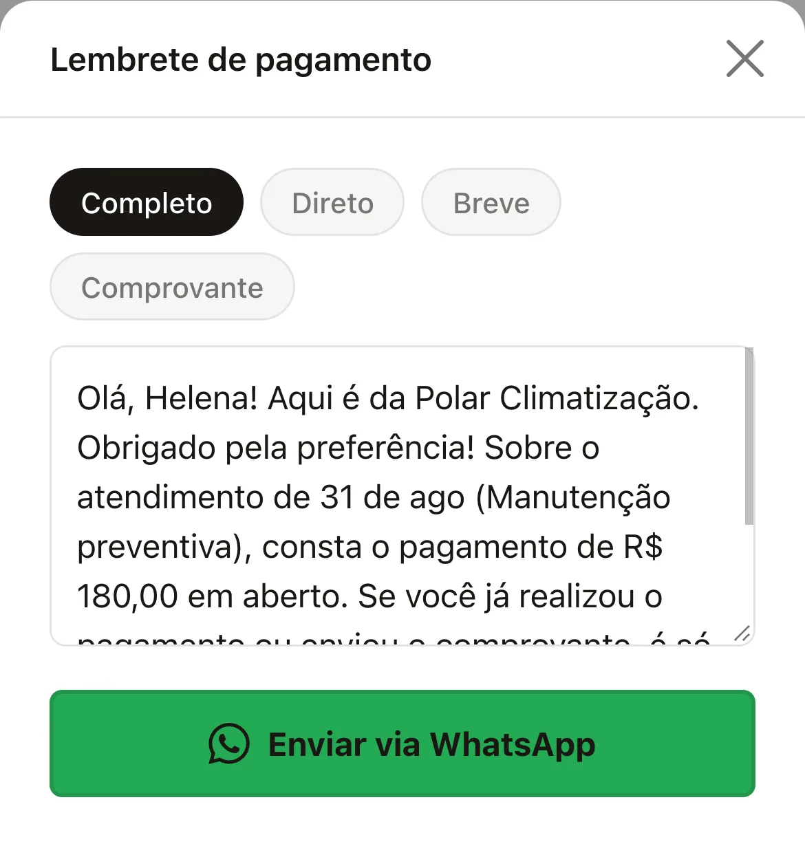 A lista de pagamentos pendentes no celular, com a mensagem de cobrança pronta para enviar