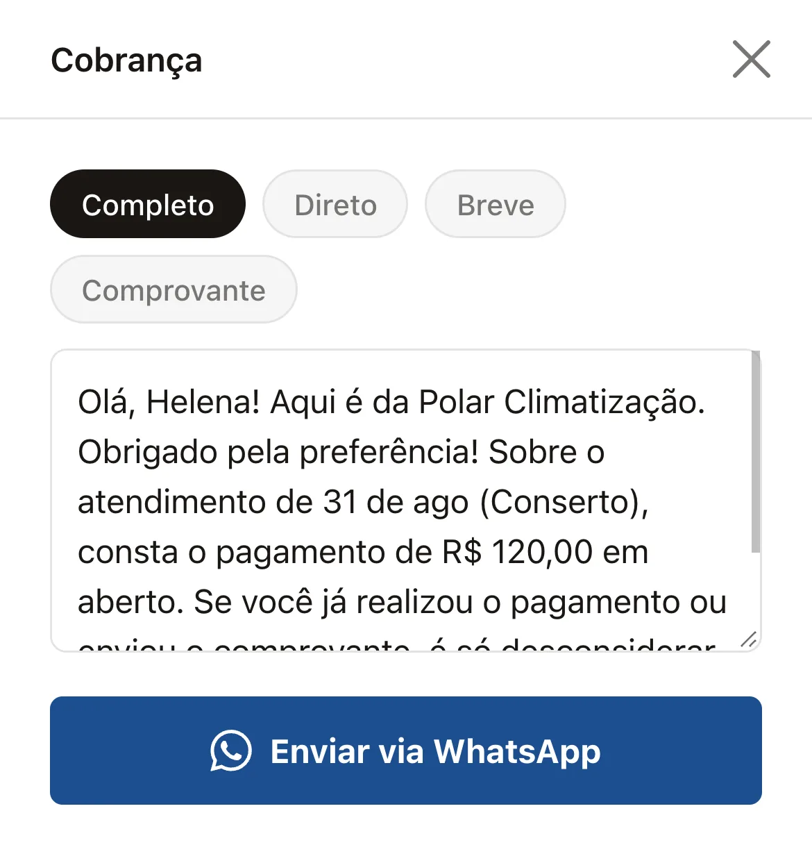 A lista de pagamentos pendentes no celular, com a mensagem de cobrança pronta para enviar
