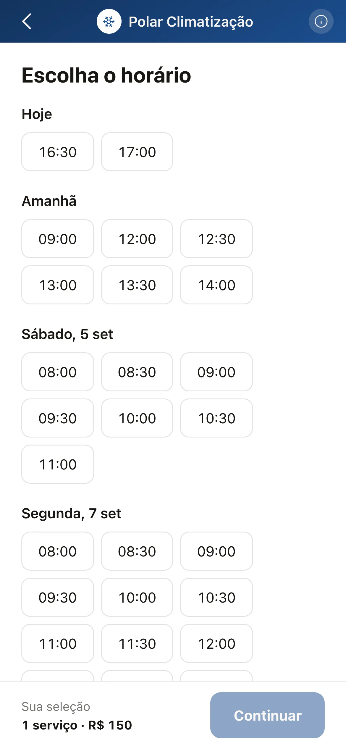 Os horários que o link de um técnico de ar-condicionado oferece a um cliente, só os que ficam perto dos atendimentos do dia