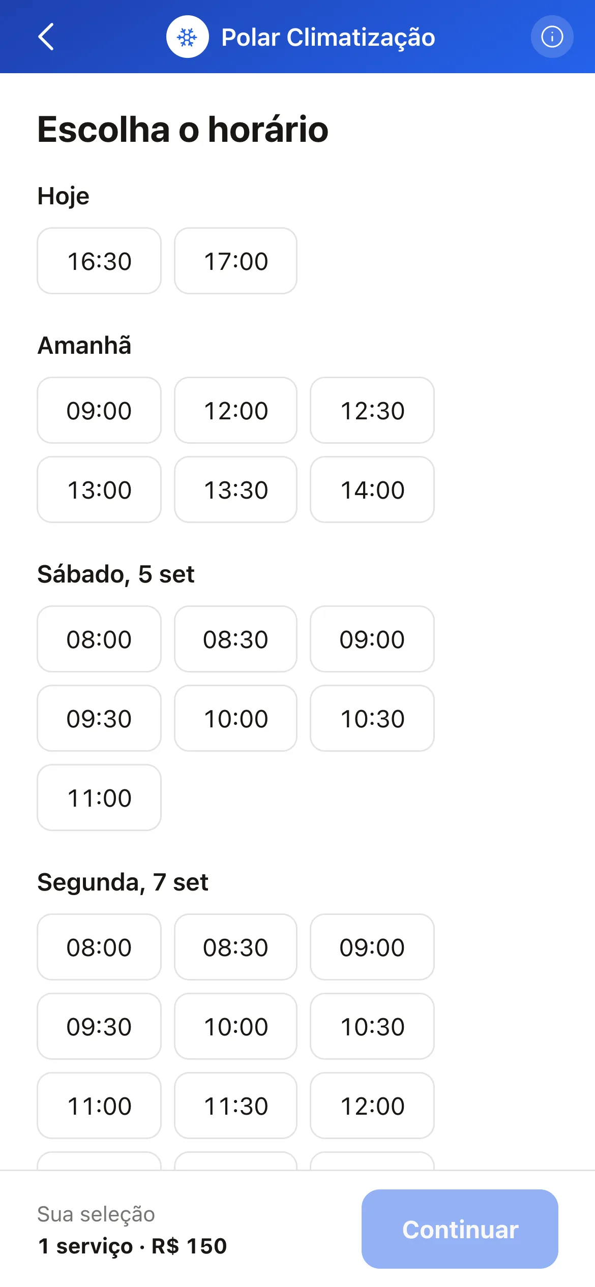 Os horários que o link de um técnico de ar-condicionado oferece a um cliente, só os que ficam perto dos atendimentos do dia