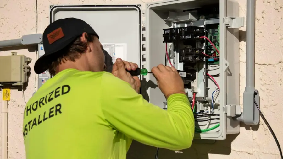 Um eletricista trabalhando num quadro de energia
